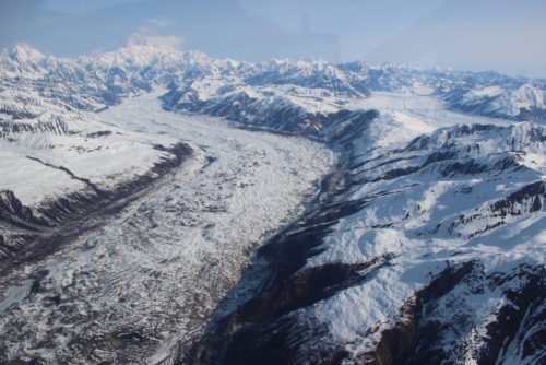 Flying along glacial outflow, toward Denali from Talkeetna